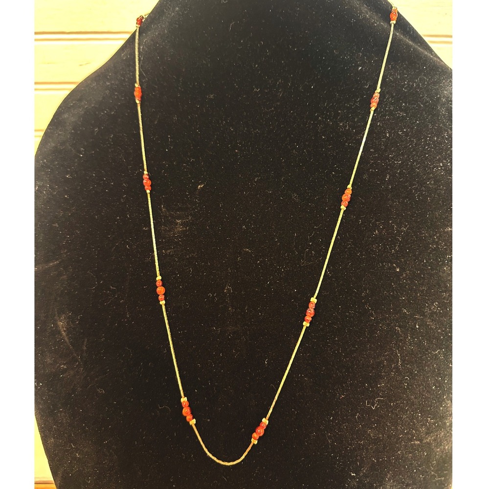 Vintage‎ Dainty Necklace Silver Tone Amber beads Made in Korea Long Stackable